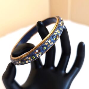 Vintage Blue Painted Wooden Bracelet With Inlaid Gold Glass and Seed Beads